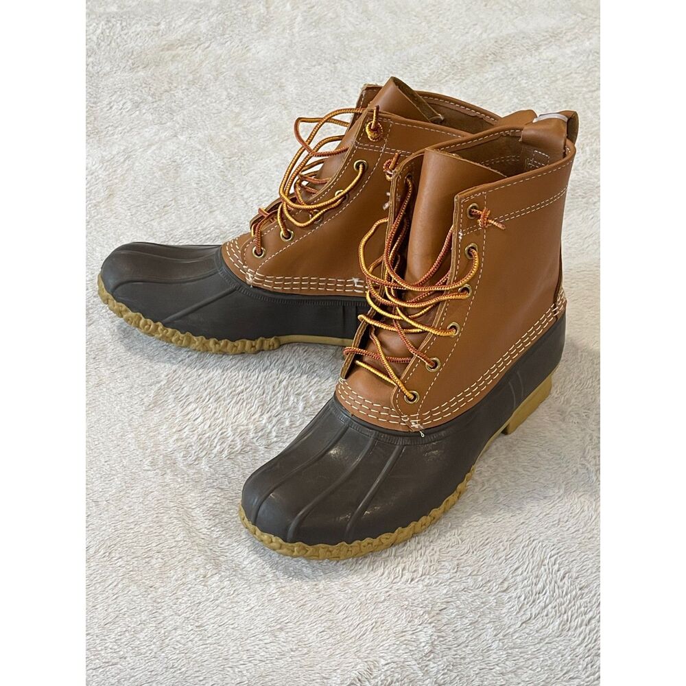 LL Bean Boots 8 Inch Duck Boots Men's 9 M Tan Brown Leather Unlined Rain Boot